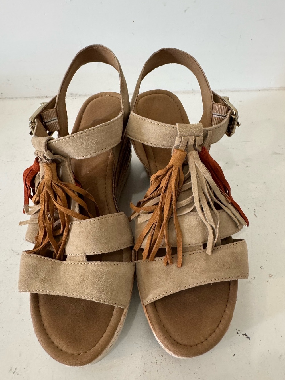 Gabor Beige Suede Tassel Wedge Sandals with Multi-Color Fringe
